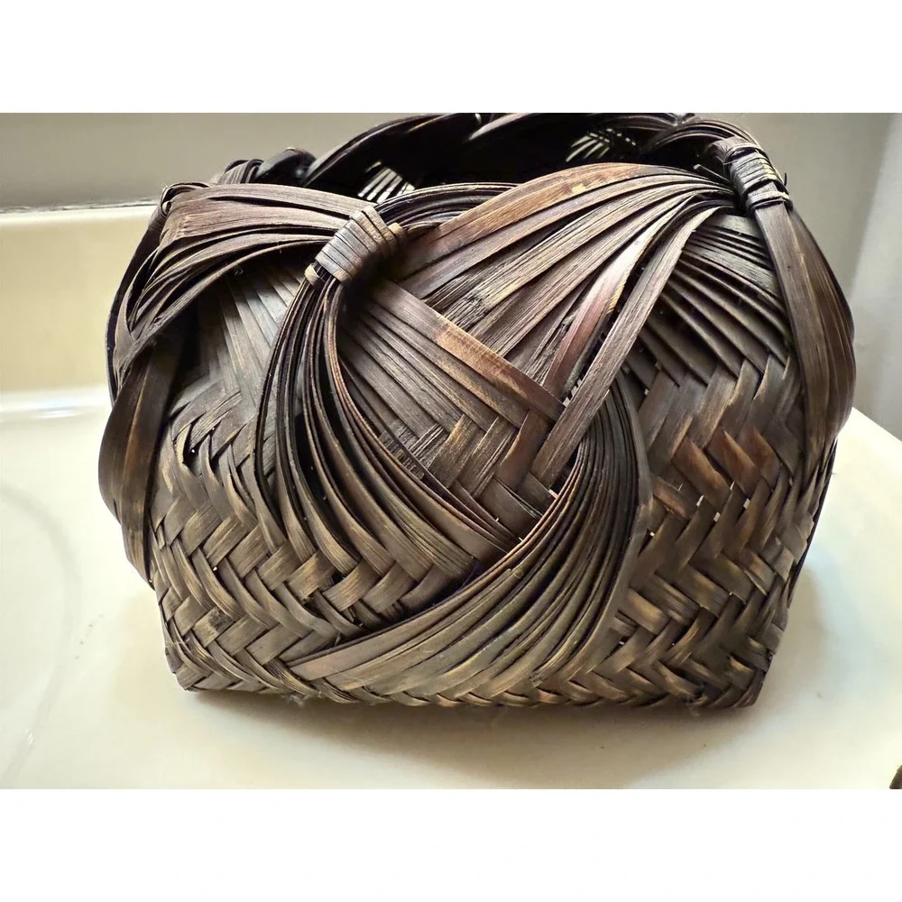 Vintage Japanese Ikebana Woven Bamboo Baskets Hand-Woven Wave Pattern (Set of 2)